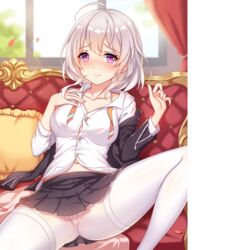 girlgame hentai_girl_(game) looking_at_viewer pantyhose pink_eyes short_hair skirt spread_legs unbuttoned white_hair