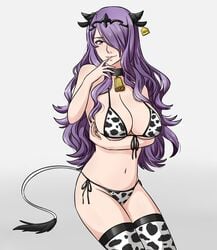 1girls alisa_(vallurite) alternate_costume bare_midriff bare_thighs bell big_breasts bikini camilla_(fire_emblem) cow_girl cow_print fire_emblem fire_emblem_fates licking_fingers looking_at_viewer nintendo number_tag one_eye_covered purple_eyes purple_hair purple_nails simple_background solo solo_female thighhighs tongue tongue_out year_of_the_ox