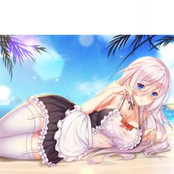 blue_eyes bra girlgame hentai_girl_(game) long_hair looking_at_viewer maid_uniform stockings transparent_clothing white_bra white_hair