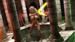 3d 3girls abs action_pose blonde_hair fit_female huge_breasts jedi king-of-the-dome large_breasts lightsaber long_hair nude nude_female original_characters ponytail pussy shaved_pussy sith standing_in_water star_wars voluptuous water