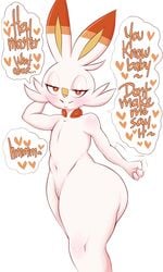 <3 1girls animal_ears anthro blush bunny_ears dialogue english_text eye_contact female female_pokemon flat_chest fur furry furry_only half-closed_eyes heart huge_thighs looking_at_viewer naked nintendo nude orange_eyes pokémon_(species) pokemon pussy saltyxodium scorbunny solo speech_bubble standing text thick_thighs thighs thunder_thighs white_background white_fur wide_hips