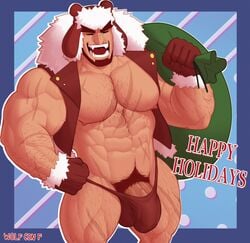 abs arm_hair bag balls bara body_hair bulge chest_hair christmas closed_eyes facial_hair flaccid gay gloves hand_on_hip hat laughing leg_hair male male_only merry_christmas muscles muscular_male nipples open_mouth original_character penis sack santa_suit scars sharp_teeth shintaro_daimon_(wolf_con_f) shirtless solo thong tongue underwear vein veins veiny_arms veiny_muscles veiny_penis wolf_con_f