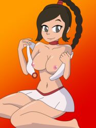 alternate_breast_size avatar_the_last_airbender bikini breasts brown_hair clothing female_only gray_eyes hourglass_figure large_breasts open_clothes rancidearth sitting skirt straight_hair swimsuit ty_lee underwear