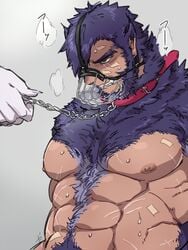 2boys bandage bara bondage chains coffee_talk collar dark-skinned_male facial_hair facial_scar fangs fur gala_(coffee_talk) green_eyes gritted_teeth hairy_chest happy_trail hyde_(coffee_talk) male male_only muscular_male muzzle_(object) nude_male purple_hair scars shirtless sweat vampire visible_breath werewolf