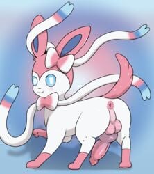 absurd_res animal_genitalia animal_penis anus ass backsack balls big_butt big_penis blush canid canine canine_penis darkened_genitalia digital_media_(artwork) eeveelution erection feral fur genitals hi_res knot looking_at_viewer looking_back male male_only male_sylveon mammal nintendo penis pokémon_(species) pokemon pokemon_(species) presenting puffy_anus rapistwerewolf rear_view ribbons simple_background smile solo sylveon video_games