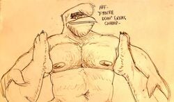 2020 ambiguous_gender anthro areola avian beak beard belly big_pecs bird bodily_fluids body_hair chest_hair claws dialogue duo eyebrows facial_hair first_person_view hairy head_tuft holding_legs leg_grab looking_at_viewer looking_down male mature_male monochrome musclegut muscular navel pecs sex simple_background sketch stork sweat thick_eyebrows tuft xleepy