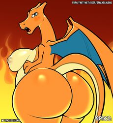 ass big_butt biped breasts charizard digital_media_(artwork) dragon female fire hi_res looking_at_viewer looking_back membrane_(anatomy) membranous_wings nintendo nude open_mouth pokémon_(species) pokemon pokemon_(species) scalie simple_background solo spaca text url video_games wings