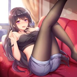 bed black_hair black_legwear blush girlgame hentai_girl_(game) long_hair looking_at_viewer pantyhose pantyhose_under_shorts purple_eyes solo_female tongue_out