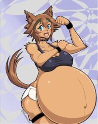 1girls abs anthro big_breasts blue_eyes blush breasts brown_fur brown_hair canine canine_humanoid clothed clothing dog_ears dog_girl dog_humanoid dog_tail doggirl edit female_only flexing fugubarakun fur fur_covered_monstergirl furry huge_belly hyper_pregnancy monster_girl monster_musume_no_iru_nichijou no_bra open_mouth polt_(monster_musume) pregnant ready_to_pop short_hair tail text toned_body watermark white_shorts wide_hips