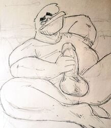 2020 anthro avian balls beak beard belly big_balls big_muscles big_penis bird black_and_white circumcised clothing cross-eyed eyebrows facial_hair genitals hand_behind_head head_tuft looking_pleasured lounging male masturbation mature_male monochrome muscular muscular_anthro muscular_male overweight overweight_anthro overweight_male penile penile_masturbation penis raised_eyebrows shirt sketch solo spread_legs spreading stork teeth topwear tuft xleepy