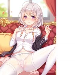 girlgame hentai_girl_(game) looking_at_viewer panties pantyhose pink_eyes short_hair spread_legs unbuttoned white_hair white_panties