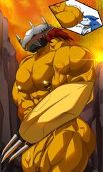 anal anthro armor ass bastroceive big_butt big_muscles big_pecs big_penis blush digimon digimon_(species) duo embarrassed erection exveemon genitals hair headgear helmet hi_res imagination magangz male male/male male_only monster mountain muscular muscular_male oral pecs penis red_hair rimming sex smile solo triceps vein veiny_muscles veiny_penis wargreymon