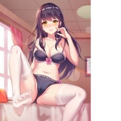 black_bra black_hair black_panties bra girlgame hentai_girl_(game) long_hair looking_at_viewer panties stockings yellow_eyes