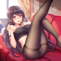 bed black_hair girlgame hentai_girl_(game) long_hair looking_at_viewer pantyhose purple_eyes solo_female