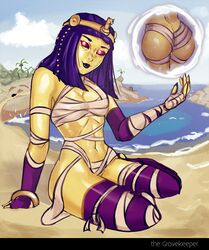 ass bandage bandages barefoot beach bodypaint booty_shorts capcom cleavage crown dark_skin egyptian egyptian_clothes gold gold_skin kneeling knees lingerie menat metal metallic_body mummy mummy_costume purple_hair red_eyes small_breasts smiling solo solo_female solo_focus street_fighter street_fighter_v the_grovekeeper thick_thighs thighhighs wide_hips yellow_skin