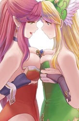 2boys 2girls angela_(seiken_densetsu_3) angela_(trials_of_mana) between_breasts big_breasts breast_crush breast_press cleavage duran_(seiken_densetsu_3) earrings female giantess hawkeye_(seiken_densetsu_3) long_hair mizuno_(pixiv31352320) pointy_ears riesz seiken_densetsu_3 symmetrical_docking