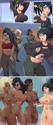 4girls akali big_ass big_breasts blonde_hair comic completely_nude dark-skinned_female dreadlocks female_only ffff_foursome foursome green_eyes greenmarine hairless_pussy hourglass_figure huge_breasts innocent large_breasts league_of_legends lesbian locker_room multiple_girls no_bra no_panties rell_(league_of_legends) samira_(league_of_legends) senna_(league_of_legends) shower sports_bra sportswear yellow_eyes yuri