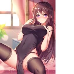 black_dress black_hair dress girlgame hentai_girl_(game) long_hair looking_at_viewer purple_eyes spread_legs stockings