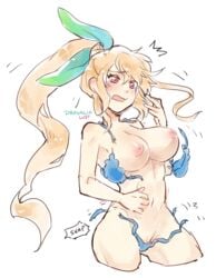 1girls big_breasts bra breasts colored_sketch dragalia_lost elisanne female female_only kash_(dragalia_lust) long_hair mostly_nude nintendo nipples panties ponytail ripped_clothing solo solo_female torn_clothes wardrobe_malfunction worried worried_expression