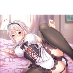 blue_eyes girlgame hentai_girl_(game) looking_at_viewer maid_uniform short_hair spread_legs stockings white_hair