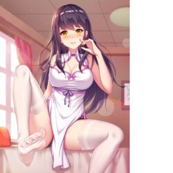 black_hair dress girlgame hentai_girl_(game) long_hair looking_at_viewer stockings white_dress yellow_eyes