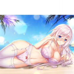 blue_eyes bra girlgame hentai_girl_(game) long_hair looking_at_viewer panties stockings white_bra white_hair white_panties