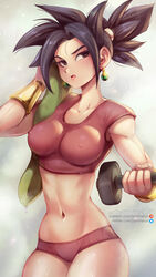 1girls base_form_kefla black_eyes black_hair breasts dragon_ball dragon_ball_super earrings female fusion jammeryx kefla large_breasts light-skinned_female light_skin nipples nipples_visible_through_clothing ponytail potara_earrings saiyan short_hair shounen_jump solo spiky_hair