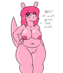 alisa_(dante) anthro big_breasts breasts dialogue female hair hands_on_hips pink_body pink_hair pink_skin solo