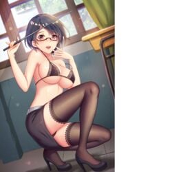 1girls black_bra black_hair black_panties bra female_only girlgame hentai_girl_(game) orange_eyes panties partially_clothed short_hair skirt stockings