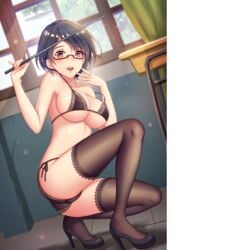 1girls black_bra black_hair black_panties bra female_only girlgame hentai_girl_(game) orange_eyes panties short_hair stockings underwear