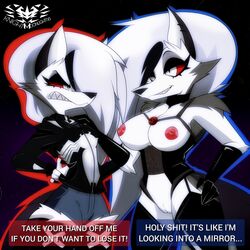 2girls angry anthro black_nose bottomwear breasts canid canid_demon canine clothing crossover demon dialogue duo eyelashes fangs female fur genitals grey_body grey_eyes grey_fur hair hellhound helluva_boss hi_res knightmoonlight98 loona_(helluva_boss) mammal marvel multiple_girls nipples pussy red_sclera speech_bubble spider-man_(series) topwear venom_(cosplay) venom_(marvel) vivienne_medrano white_body white_fur white_hair