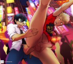 2boys akira_kurusu anal anal_penetration anal_sex atlus belt belt_undone black_hair blonde_hair bottomless curly_hair danseur_position doggy_style erect_while_penetrated erection exhibitionism game_store gay holding_penis human human_only jeans joker_(persona) lilprincyvi male male/male male_on_male male_only penis penis_size_difference persona persona_5 pleasure_face public public_sex ren_amamiya retracted_foreskin ryuji_sakamoto sunglasses sweat tagme testicles thrusting thrusting_into_ass tongue_out yaoi