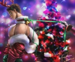 abs bell big_pecs blurry_background brown_hair choker christmas christmas_outfit christmas_tree english_text festive fluffy fluffy_collar glove greeting_card guido_mista jingle_bell jojo's_bizarre_adventure kaopon lens_flare looking_down male_focus malesub muscular muscular_male nipples open_shirt partially_clothed pecs red_nose reindeer_antlers ribbon ribbon_pull shirt_down short_hair side_view sideview vento_aureo viewed_from_side watermark