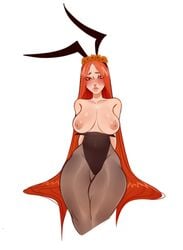 1girls big_breasts blush breasts breasts_out bunny_ears bunnysuit eyes_covered female female_only flower flower_in_hair freckles hands_behind_back ilewdha league_of_legends leona_(league_of_legends) long_hair nipples orange_eyes orange_hair pantyhose simple_background sitting solo_female thick_thighs white_background