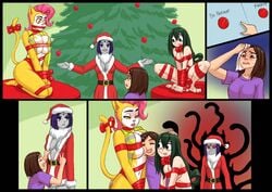 4:3 4girls anthro big_breasts blushing breasts christmas christmas_outfit christmas_tree cleavage crossover dc dc_comics eastern_and_western_character female female_only flick gift gift_wrapped gift_wrapping human humanoid monique_pussycat multiple_girls my_hero_academia raven_(dc) red_eyes santa_costume straight_hair super_fuck_friends superhero superheroine sweat teen_titans tentacles tongue_out tsuyu_asui