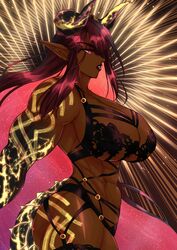 abs dark-skinned_female demon_girl elyunae large_breasts muscular_female pointy_ears