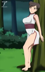 1girls against_tree arekusanderu bangs barefoot blush bottomless breasts brown_eyes brown_hair busty double_bun dress feet female female_only forest fully_clothed long_hair looking_at_viewer naruto naruto:_the_last naruto_(series) nature outdoors partially_clothed sleeveless sleeveless_dress smile tenten tied_hair tiptoes toes trees