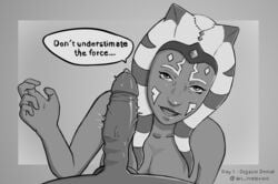 1boy 1girls ahsoka_tano dark_skin dick english_text erection female foreskin greyscale handjob hetero interracial irrelevant_art large_penis lips male malesub monochrome nude orgasm_denial penis penis_awe pov precum precum_drip precum_on_penis precum_string solo_focus speech_bubble star_wars text uncensored veiny_penis