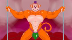 big_bulge big_pecs green_jockstrap kneeling love_bed monkey monkeybone orange_skin shiny_jockstrap shiny_skin smiling_at_viewer two_stripper_poles two_tone_skin