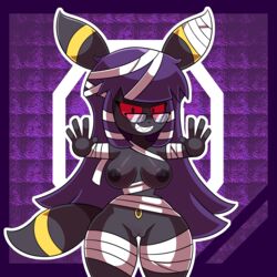 2021 absurd_res anthro areola bandage black_areola black_body black_eyes black_fur black_nipples breasts digital_media_(artwork) eeveelution eyewear fangs female fur genitals glasses hair halloween hi_res holidays icon long_hair looking_at_viewer luneiumbreon_(mintyspirit) mammal mintyspirit mummy mummy_costume nintendo nipples pokémon_(species) pokemon pokemon_(species) purple_hair pussy red_eyes red_sclera ring smile solo thick_thighs umbreon undead video_games wide_hips