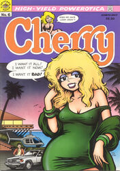 1980s 1988 1boy 1girls 20th_century beach_house beachside black_hair blonde_hair car cherry_poptart cherry_poptart_(comic) clothed comic comic_cover dialogue eye_makeup female green_dress helicopter larry_welz nipples_visible_through_clothing palm_tree palm_trees straight_hair