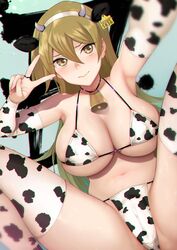 1girls alexis_rhodes bell bikini blonde_hair blush choker cleavage cow_bell cow_bikini cow_ears cow_girl cow_horns cow_print ear_tag female huge_breasts long_hair navel peace_sign skindentation solo spread_legs thick_thighs thighhighs very_long_hair yellow_eyes yu-gi-oh! yu-gi-oh!_gx