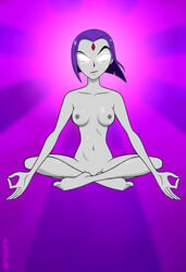 1girls aura bold-n-brash crossed_legs dc dc_comics dcau demon_girl eyebrow_raise female female_only floating forehead_jewel glowing_eyes grey_hair grey_nipples hairless_pussy hand_sign jewel_on_forehead levitating levitation lotus_position magic meditating meditation nude nude_female purple_hair rachel_roth raven_(dc) smiling smirking_at_viewer smooth_skin superheroine teen_titans white_eyes