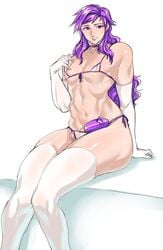 1boy bikini condom elbow_gloves femboy gloves long_hair looking_at_viewer male male_only penis purple_eyes purple_hair ro88840242 solo stockings testicles thong trap