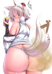 eating embarrassed fart farting momiji_inubashiri red_eyes shishi_juuroku short_hair slightly_chubby touhou white_hair wide_hips wolf_ears wolf_tail