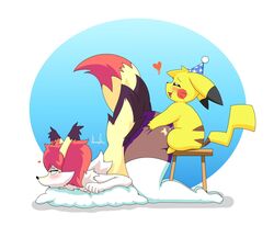 anthro beeb braixen clothing duo female fur furniture hana_(jhenightfox) hat head_down_ass_up headgear headwear hi_res jhenightfox looking_pleasured male male/female nintendo party_hat pikachu pokémon_(species) pokemon pokemon_(species) size_difference stool video_games whiskers year_request