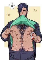 1boy bandage bara blush chest_hair coffee_talk dark-skinned_male facial_hair fur gala_(coffee_talk) happy_trail jacket looking_at_viewer male male_only muscular_male pants paw_print purple_hair scars shirt_pull solo_male speech_bubble sweat werewolf yellow_background