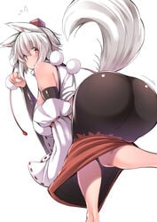 ass_in_dress black_dress large_ass long_dress looking_at_viewer looking_back momiji_inubashiri red_eyes shishi_juuroku short_hair touhou white_hair wolf_ears wolf_tail