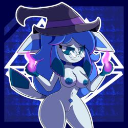 2021 absurd_res annyglaceon_(mintyspirit) anthro areola blue_areola blue_body blue_fur blue_hair blue_nipples blue_sclera breasts clothing costume digital_media_(artwork) eeveelution eyewear female fur genitals glaceon glasses hair halloween hat hat_only headgear headgear_only headwear headwear_only hi_res holidays magic magic_user mammal mintyspirit mostly_nude nintendo nipples nude pokémon_(species) pokemon pussy smile solo thick_thighs video_games white_eyes wide_hips witch witch_hat