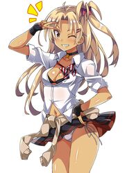 ahoge azur_lane black_bra black_choker black_skirt black_underwear blonde_hair bow bowtie bra bra_cups_sticking_out breasts brown_cardigan cardigan cardigan_around_waist choker clavicle cleveland_(azur_lane) clothes_around_waist collared_shirt cowboy_shot dress_shirt female grin gyaru hair_ornament hairbow hairclip high_resolution kogal long_hair looking_at_viewer macaroni_hourensou miniskirt navel one_eye_closed one_side_up panchira pantsu pleated_skirt polka_dot polka_dot_bow ponytail red_bow red_eyes school_uniform shirt short_sleeves simple_background skirt small_breasts smile solo standing star_(symbol) star_choker striped striped_bow tanned teeth tied_hair unbuttoned unbuttoned_shirt underwear uniform v white_background white_panties white_shirt white_underwear wing_collar